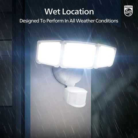 Installed Lit 72W LED Security Flood Light With Motion Sensor, 7400 Lumen Aluminum Outdoor Light, 5000K Daylight in rain