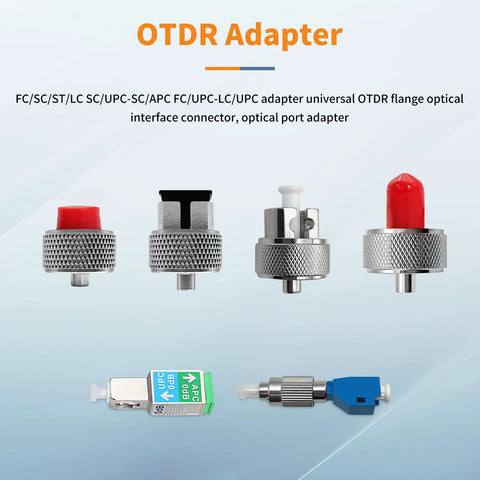 Front view of OTDR fiber optic adapter set with knurled metal housings; includes FC/UPC, SC, ST, LC and APC/UPC adapters