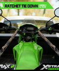 Heavy Duty One Inch Ratchet Tie Down Straps Four Pack With Integrated Soft Loops And A Killer Grip To Securely Lash Motorcycles Campers And Trailers While The Dang Tough Polyester Weave Keeps Your Cargo Locked Down Tight On Every Road Trip, securing green motorcycle in truck bed.