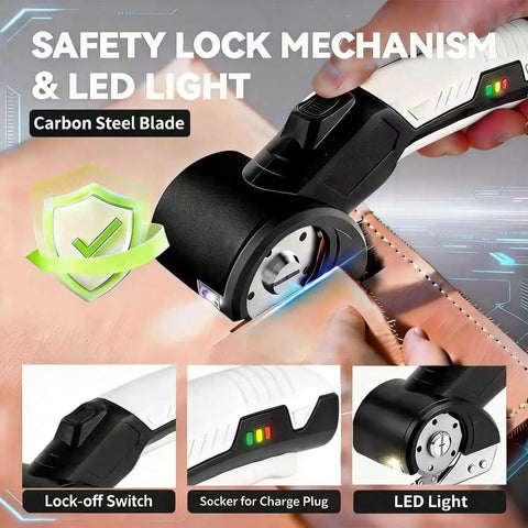 AyP Cordless Electric Scissors 4.2V Rotary Box Cutter With Utility Knife And Storage Case features safety lock and LED light.