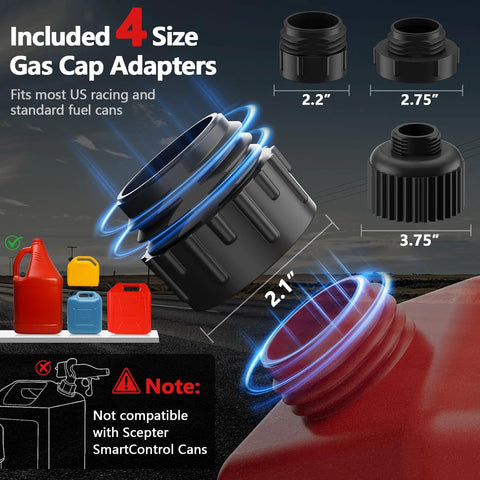 Electric Fuel Transfer Pump With Auto Stop For Gas Cans, 3.8 GPM Flow, 51 Inch Hose, Four Size Adapters, No Spill Gas Can Pump For Gasoline Diesel Kerosene, Gift For Men Dad Him 2nd Gen Red Black showing different size gas cap adapters.