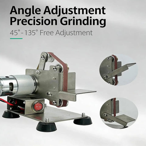 Get This Mini Belt Sander For Quick Polish And Grind Tasks, showing angle adjustment feature for precision grinding.
