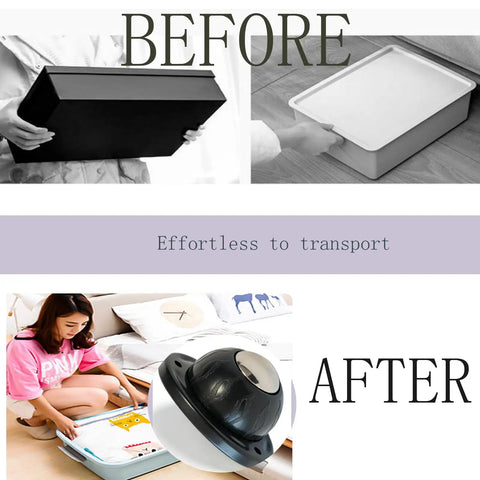 Before and after image showcasing Heavy Duty 12 Pack Stainless Steel Ball Casters With Easy Peel Stick Setup for smooth transport.