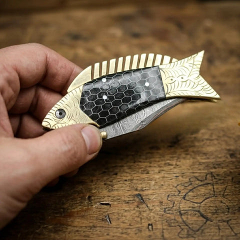 Damascus Fish Style Folding Knife With Ladder Pattern Blade Handmade Damascus Steel Pocket Knife for everyday carry