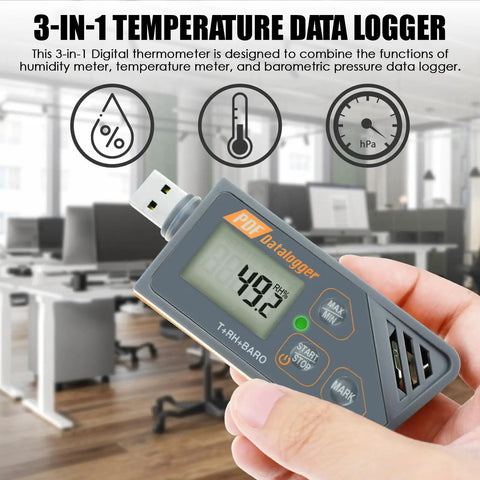 Usb Temperature And Humidity Data Logger With Barometric Pressure Tracking And No Fuss Pdf Csv Reports For Cold Chain Storage showing reading of 49.2% humidity.