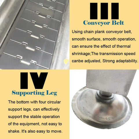 Dinenovate Automatic Heat Shrink Labeling Machine For Pvc Pp Pof Films Durable Stainless Steel Body showing conveyor belt and support leg detail.