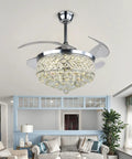 Smooth Operator 42 Inch Dimmable Crystal Retractable Fandelier With Remote And Invisible LED Panel Lighting installed in a modern living room.