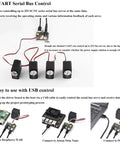 Two Pack Serial Bus Servo Driver Board With Integrated Power Supply And Control Circuit for ST and SC Series Servos connected to devices.