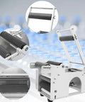 Smooth Operator Semi Automatic Round Bottle Labeler close-up showing adjustable rollers for precision labeling.