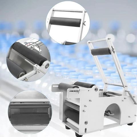 Smooth Operator Semi Automatic Round Bottle Labeler close-up showing adjustable rollers for precision labeling.