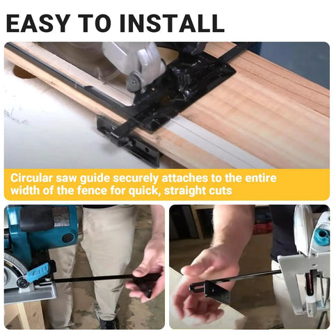 Heavy Duty Metal Rip Fence Guides For Circular Saws Fits Like A Dream For Dead Nailed Straight Cuts Premium Steel Rail Jig 2 Pack shown installed on workbench.