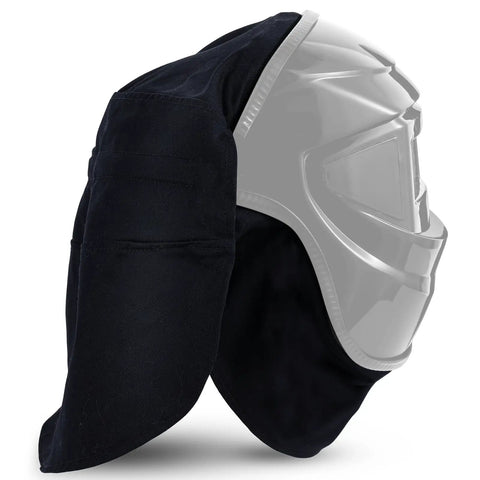 Welding Helmet Cover And Helmet Bib Set With Press Fit Neck Seal For Safety Flame Retardant Fabric Keeps Sparks Off And Protects Your Neck Durable Universal Fit For Most Helmets Classic Black side view