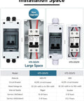 Front view of AC DC Solar System Circuit Breaker With IP65 DIN Box 60 Amp Two Pole 12V 400V Non Polarized Solar Panel Disconnect Switch PV Array Shut Off Isolator Weatherproof Durable DIN Rail Mount For DIY Setups shown in various sizes and models.