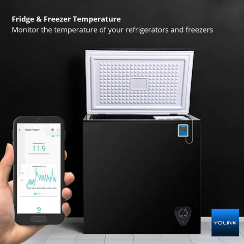 Smart X3 Outdoor Temperature Data Logger With Probe on a freezer door, with phone app temperature graph