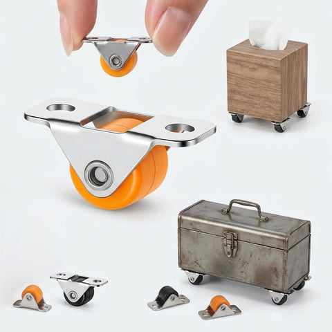 8 Pack Rock Solid Slick Low Profile Fixed Caster Wheels With Heavy Duty Metal Mounting Plate 1/2 Inch Non Swivel Castors For Furniture Storage Bins Home Diy And Cabinet Sliding displayed with orange wheels and mini models.