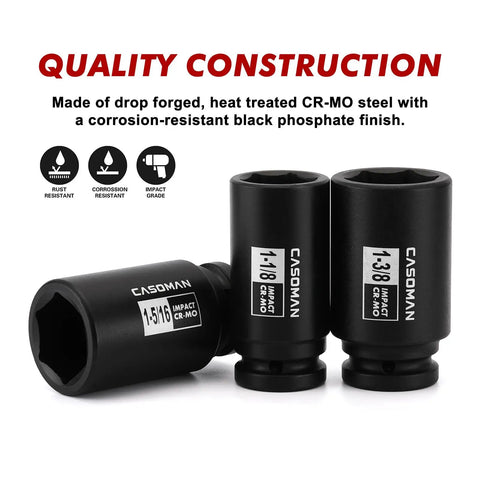 Eight Piece Deep Impact Socket Set With Three Quarter Inch Drive SAE From One Inch To One And A Half Inch Six Point Heavy Duty Chrome Molybdenum Steel With Black Oxide Finish Built For Tough Auto And Machinery Bolt Jobs, showing three sockets with black oxide finish on white background.