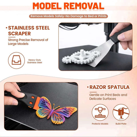Ultimate All In One 50 Piece 3D Printer Tool Kit with stainless steel scraper and razor spatula for model removal.