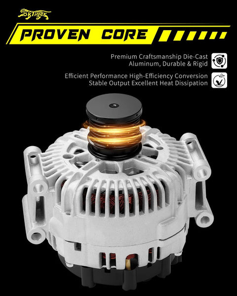 Upgraded Drop In 12V 180A CW Alternator For Sprinter 2500 And 3500 2007 To 2018 3.0L V6 MercedesBenz Freightliner Dodge Jeep Grand Cherokee With 7 Groove Clutch Pulley OE 04801250AA, front view showing aluminum body and clutch pulley.