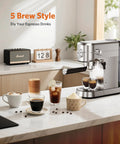 Heavy Duty 20 Bar Espresso Machine Boasts Pro Steam Frother And Brushed Stainless Body Includes 40 Oz Quick Fill Tank for home espresso drinks on counter.