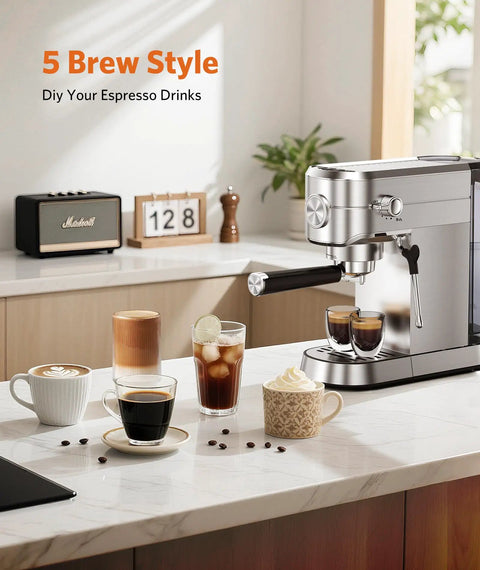 Heavy Duty 20 Bar Espresso Machine Boasts Pro Steam Frother And Brushed Stainless Body Includes 40 Oz Quick Fill Tank for home espresso drinks on counter.