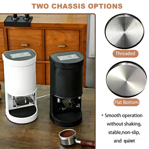 Legit Top Tier Electric Coffee Tamper 58mm Adjustable Pressure Automatic Espresso Press Tool With Nonstick Base, black and white models.