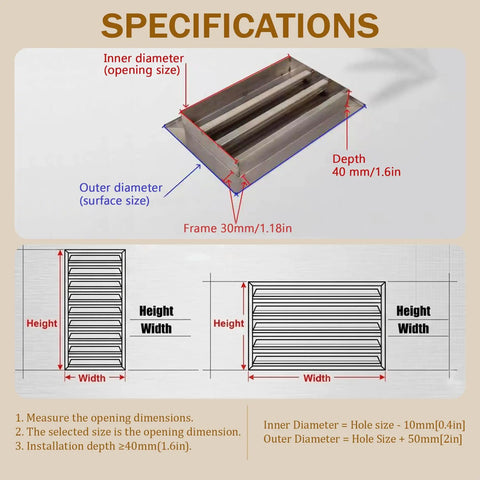 Detailed specifications for Heavy Duty Rock Solid Louvered Access Panel For Drywall Stainless Steel Inspection Door.
