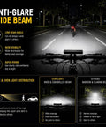 Anti-glare wide beam demonstration of 1200 Lumen Bike Headlight And Taillight Set With Aluminum Body, USB-C Rechargeable, IPX6 Waterproof, 8 Plus 3 Modes, Dual Beam High And Low, For MTB Off Road And City Night Rides