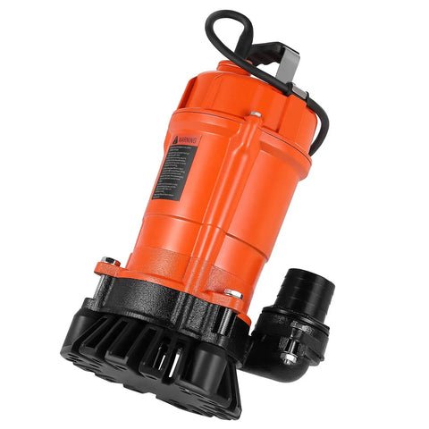 Beast Submersible Trash Pump 2000 GPH at 120V with cast iron body, 2 inch discharge, black base, handle for easy carrying.