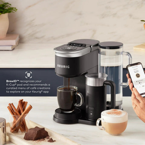 Smart WiFi Single Serve Coffee Maker For Home Baristas That Delivers Coffee Lattes And Cappuccinos With Built In Frother BrewID Pod Recognition And Six Brew Sizes Black on a kitchen counter