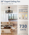 20 Inch Fandelier Caged Ceiling Fan with Light and Remote Control in living room setting, highlighting bulb base and warranty details.