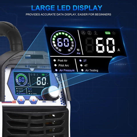 60 Amp Plasma Cutter With Pilot Arc Non Contact Ignition Dual Voltage 120V And 240V Large Digital Smart Screen Pro Grade Build