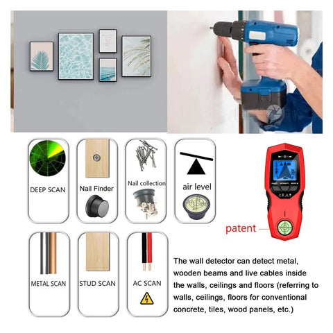 Heavy Duty Digital Wall Stud Finder With Bright Backlit Display For Dead On Ac Cable Scan Metal Pipe Locate And Wood Joist Detection Zero Hassle Design That Turns Demo Work Into A Total Breeze shown with drill and scanning features.