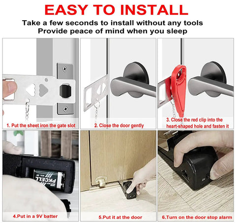 Installation steps for Portable Door Lock And Alarm With Dual Protection For Hotels Travel And Home On The Go, red and black.