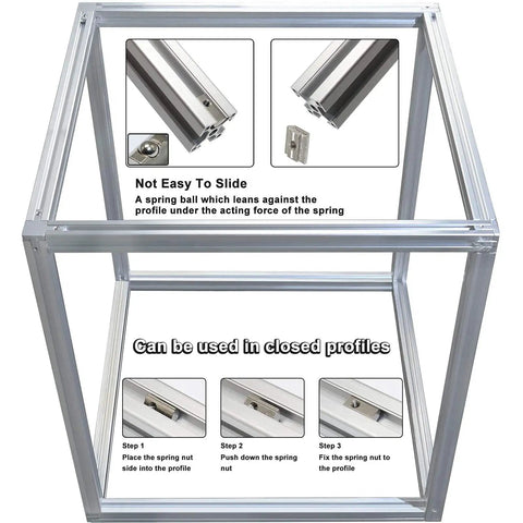 Drop In T Nut Set For Aluminum Extrusion 20 Pcs M6 Thread Spring Nuts installation diagram in 20 series frame with instructions