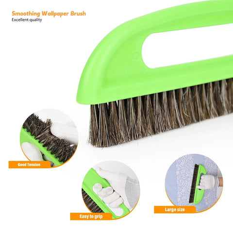 Close-up of Wallpaper Smoothing Tool Kit 10-inch brush with green handle, showcasing good tension and grip, for peel and stick wallpaper.