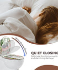 Round Toilet Seat Decorative for Bathroom with soft close feature, illustrated on a white toilet beside a sleeping person.