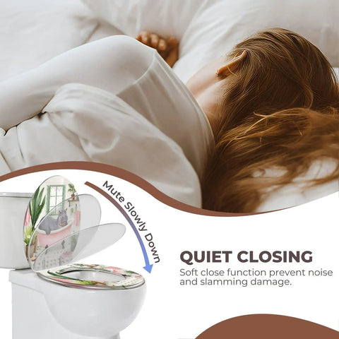 Round Toilet Seat Decorative for Bathroom with soft close feature, illustrated on a white toilet beside a sleeping person.