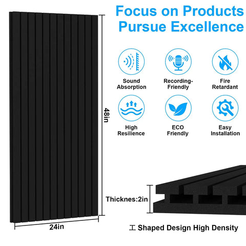 Super Thick High Density Black Acoustic Foam Panels Four Pack Sound Deadening Wall Tiles For Recording Studio And Home Office Quiet Vibes Dope Setup showing dimensions of 48x24 inches and 2 inches thick.