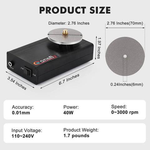 Heavy Duty Variable Speed Engraving Knife Sharpening Station With Six Grit Wheels And Stepless Forward Reverse Dial For No Sweat Hobbyist Tool Maintenance dimensions displayed on unit.