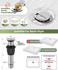 Ultra Sleek Modern Tall Vessel Sink Faucet With Single Handle One Hole Mount, Stainless Steel Vanity Lavatory Tap With Supply Lines And Pop Up Drain, Chrome Finish, Lead Free And NSF CUPC Certified For Safe Water In RV Or Home, showing pop-up drain dimensions and compatibility.