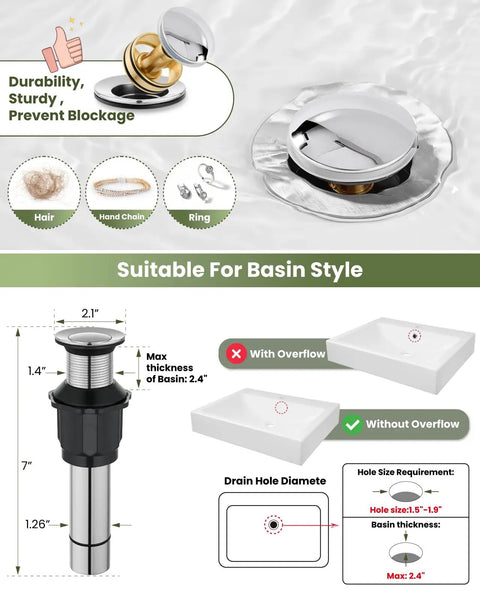 Ultra Sleek Modern Tall Vessel Sink Faucet With Single Handle One Hole Mount, Stainless Steel Vanity Lavatory Tap With Supply Lines And Pop Up Drain, Chrome Finish, Lead Free And NSF CUPC Certified For Safe Water In RV Or Home, showing pop-up drain dimensions and compatibility.