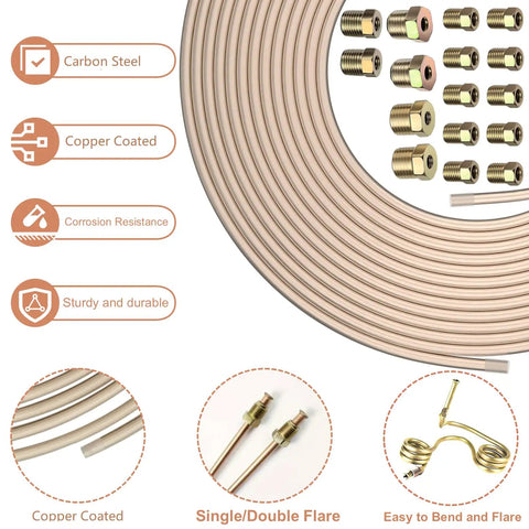 Heavy Duty Three Sixteenth Inch Copper Coated Brake Line Replacement Kit with alloy steel tubing, nuts, unions, corrosion-resistant fittings