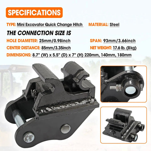 Quick Change Hitch Attachments For Mini Excavators Up To 3 Tons, close-up view, steel construction, dimensions listed.