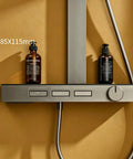 Exposed Shower Faucet System Piano Key Diverter Control White with two shampoo bottles on a wall mount.