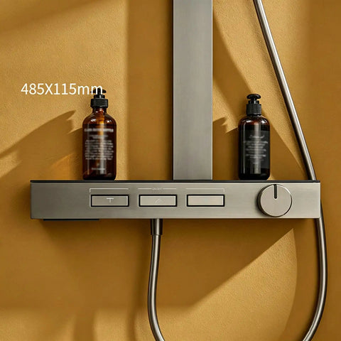 Exposed Shower Faucet System Piano Key Diverter Control White with two shampoo bottles on a wall mount.