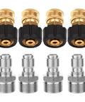 8-pack pressure washer adapters set with brass quick-connect swivels and stainless steel male adapters.