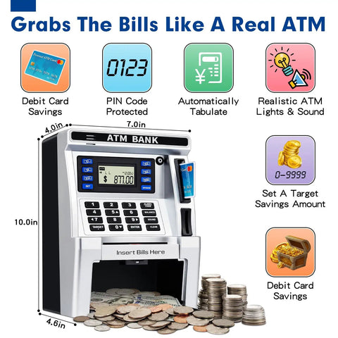 ATM Style Piggy Bank for Kids with Real Money Deposits, displays debit card access, coin stack, size dimensions.