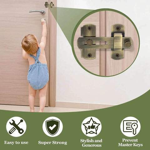 Child reaching for door with 4 Inch Flip Gate Latch For Barn Doors And Wood Fences noted in inset, highlighting easy use and security features.