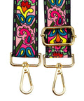 Adjustable Wide Crossbody Strap For Purses Featuring Antique Gold Tone Hardware And Fresh Flower Prints, close-up of hardware and floral design.