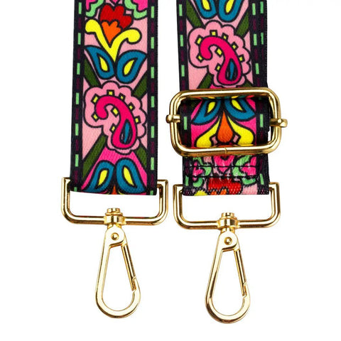 Adjustable Wide Crossbody Strap For Purses Featuring Antique Gold Tone Hardware And Fresh Flower Prints, close-up of hardware and floral design.